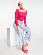 ASOS DESIGN knitted top with sweetheart neck and faux feather