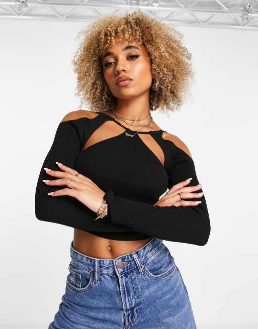 ASOS DESIGN knitted top with cut out shoulder and neck detail in black