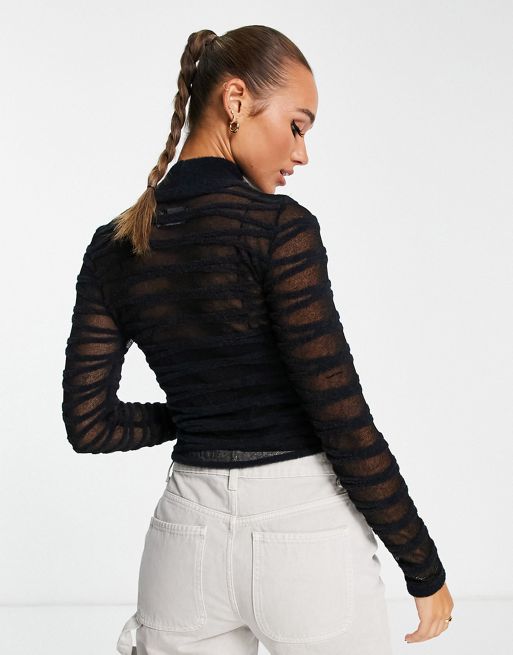 ASOS DESIGN knitted top with fluffy and sheer stitch stripes in black