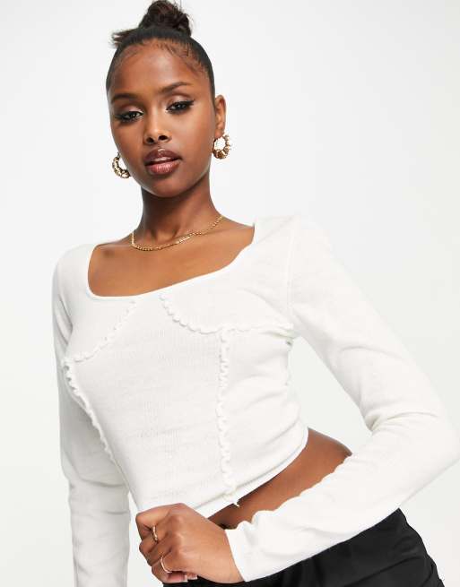 ASOS Design knitted top with frill seam corset detail in cream