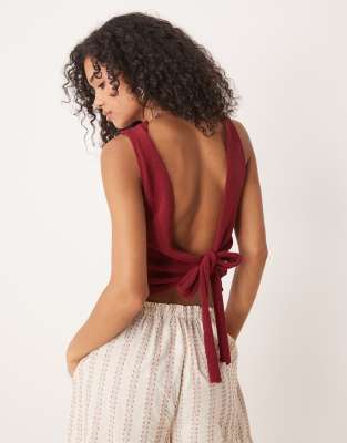 Asos Design Knitted Top With Low Twist Back In Burgundy