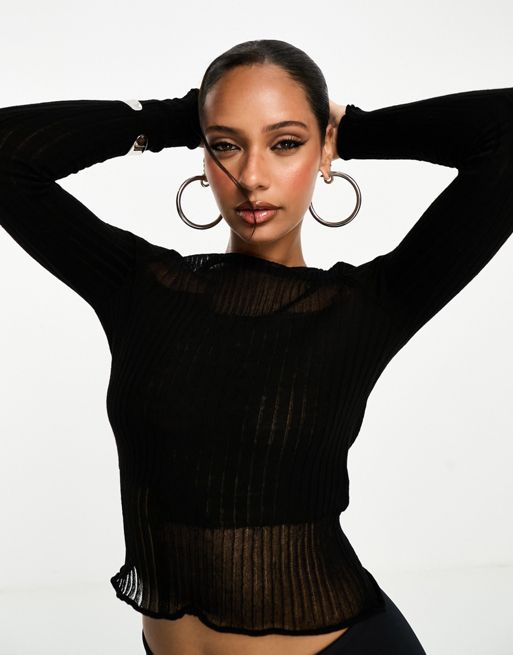 ASOS DESIGN knitted top with sheer asymmetric detail in black