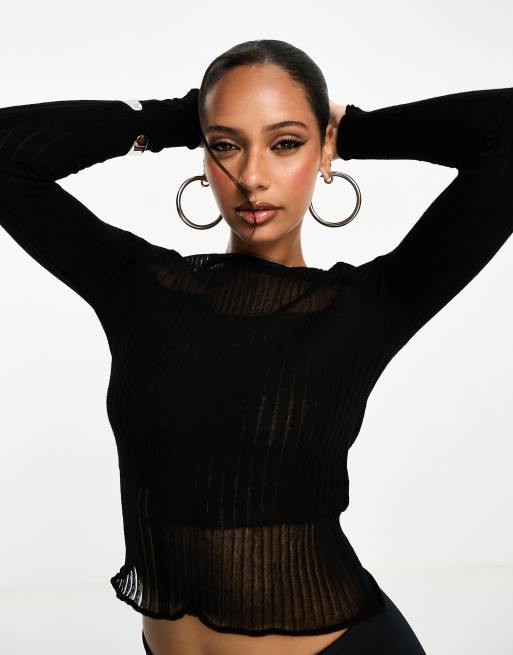 ASOS DESIGN knitted top with sheer asymmetric detail in black, 4 of 4