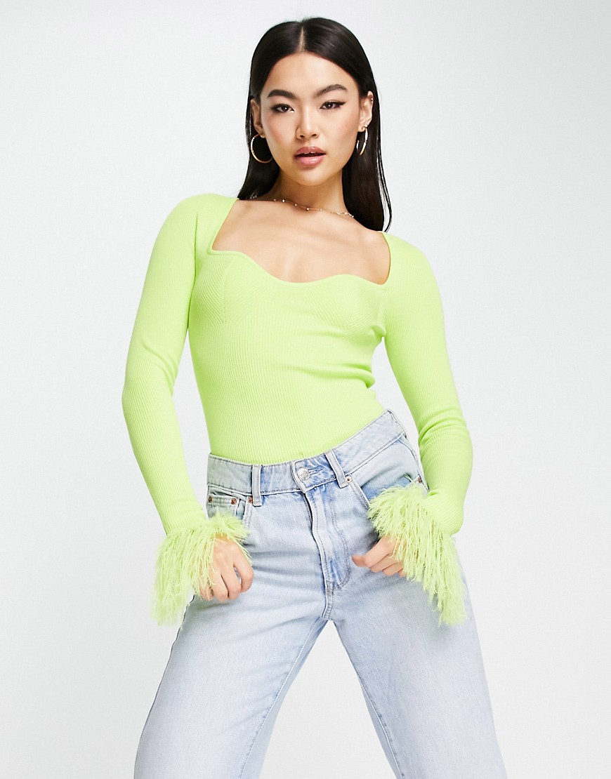 ASOS DESIGN knitted top with sweetheart neck and faux feather trims in lime yellow