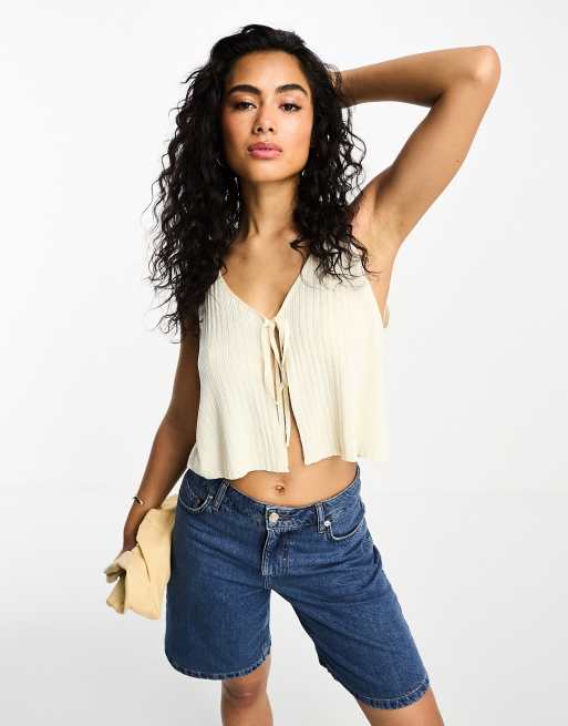 ASOS DESIGN knitted top with tie front in cream, 2 of 4