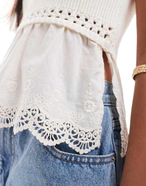ASOS DESIGN knitted top with woven hem in cream, 3 of 4