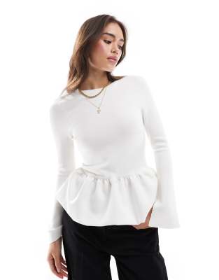 Asos Design Knitted Top With Woven Peplum In Cream-white