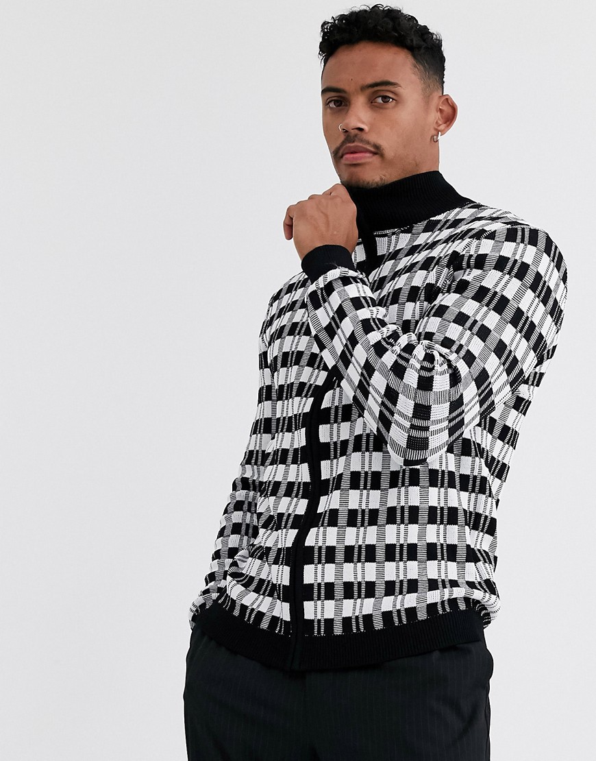ASOS DESIGN knitted track jacket in black and white check