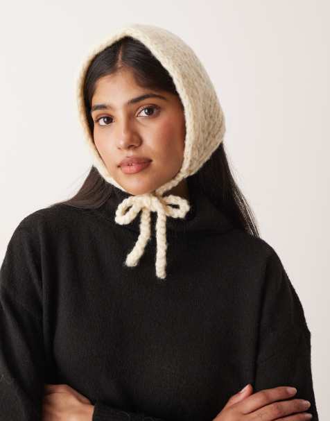 ASOS DESIGN knitted triangle bonnet with tie detail in cream - view 1