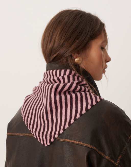 ASOS DESIGN knitted triangle scarf in burgundy and pink stripe