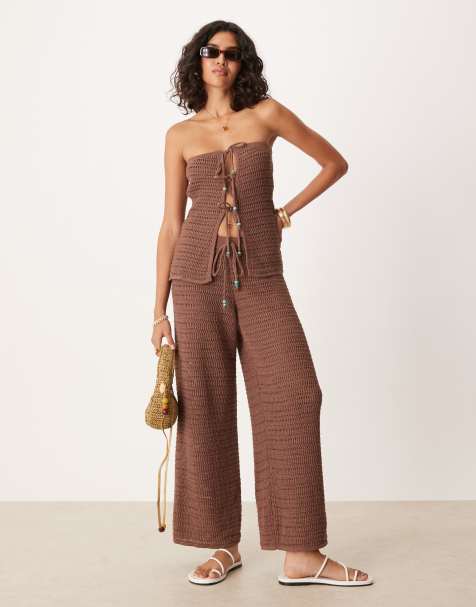 ASOS DESIGN knitted trouser co-ord with turquoise beads in brown