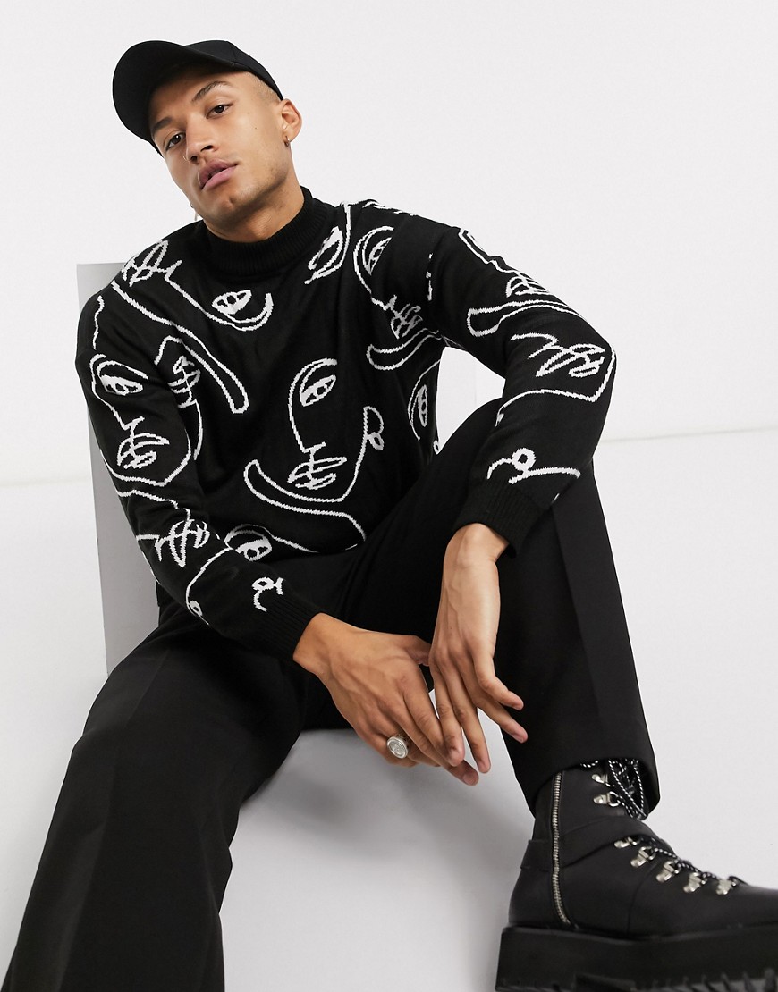 ASOS DESIGN knitted turtle neck jumper with hand drawn design in black