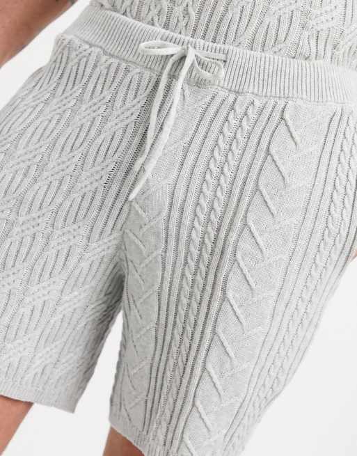 Asos Design Knitted Two Piece Cable Knit Shorts In Gray Asos