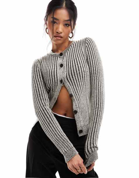 ASOS DESIGN pointelle knit slim fit cardigan with bow ribbon in ecru