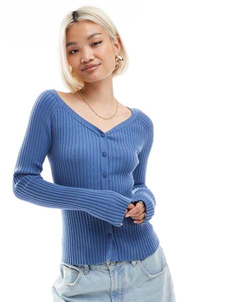 ASOS DESIGN knitted v neck button through top in indigo - view 1
