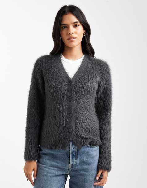 ASOS DESIGN knitted v neck cardigan in eyelash yarn in charcoal - view 1