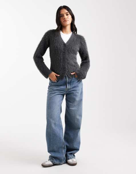 ASOS DESIGN knitted v neck cardigan in eyelash yarn in charcoal - view 2