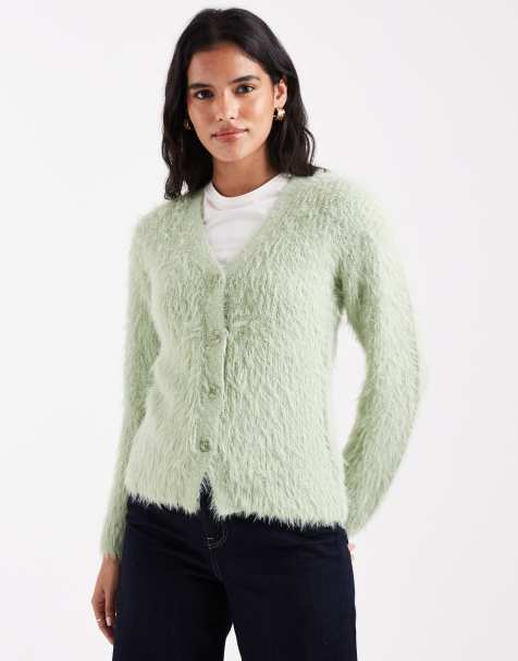 ASOS DESIGN knitted v neck cardigan in eyelash yarn in sage - view 1