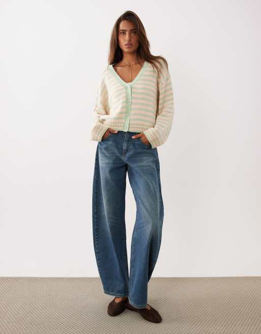 ASOS DESIGN knitted v neck cardigan in green stripe, 2 of 4