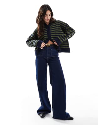 knitted v neck cardigan in navy and green stripe-Multi