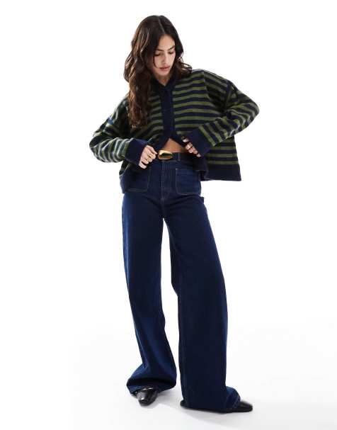 ASOS DESIGN knitted v neck cardigan in navy and green stripe - view 1