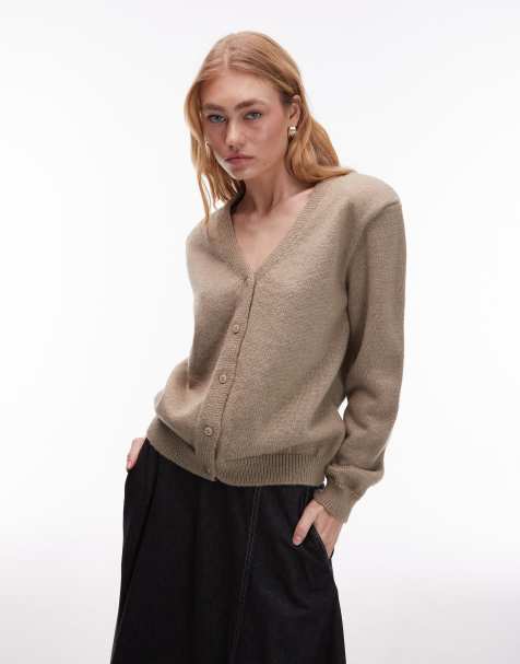 ASOS DESIGN knitted v neck cardigan with shoulder pads in mocha - view 1