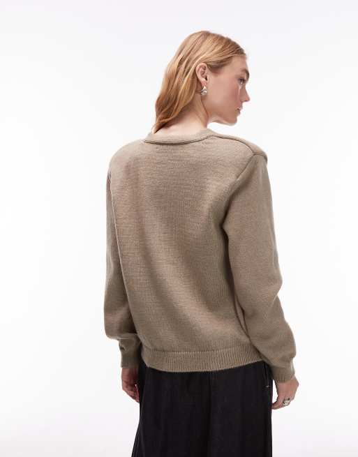 ASOS DESIGN knitted v-neck cardigan with shoulder pads in mocha, 3 of 4
