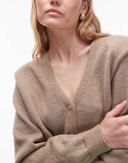 ASOS DESIGN knitted v-neck cardigan with shoulder pads in mocha, 4 of 4