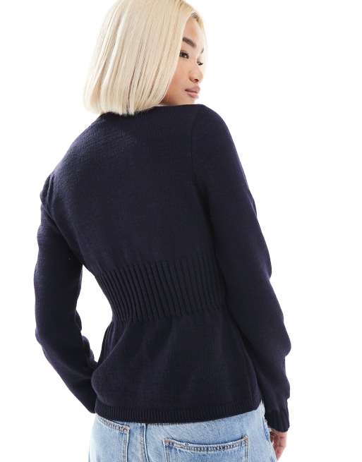 ASOS DESIGN knitted v neck cardigan with structured waist detail in navy, 3 of 4