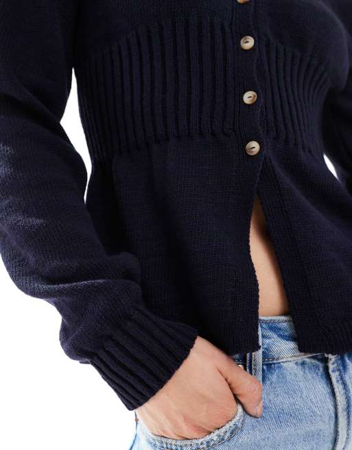 ASOS DESIGN knitted v neck cardigan with structured waist detail in navy, 4 of 4
