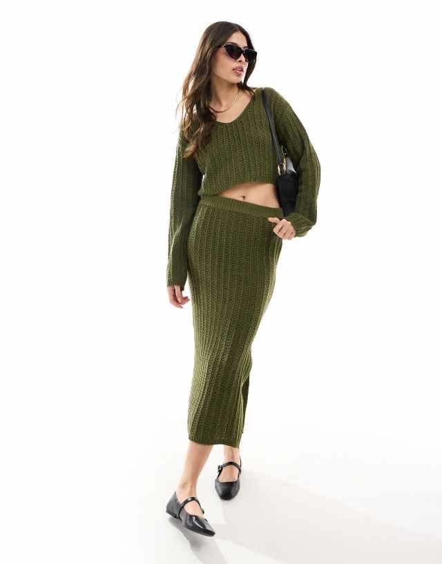 ASOS DESIGN - knitted v neck crop jumper in open stitch co-ord in khaki