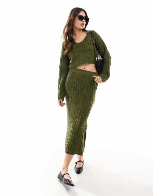 ASOS DESIGN knitted v neck crop jumper in open stitch in khaki (part of a set)