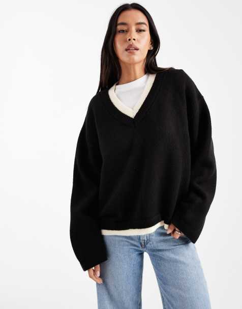 ASOS DESIGN knitted v neck jumper with double layer in black - view 1