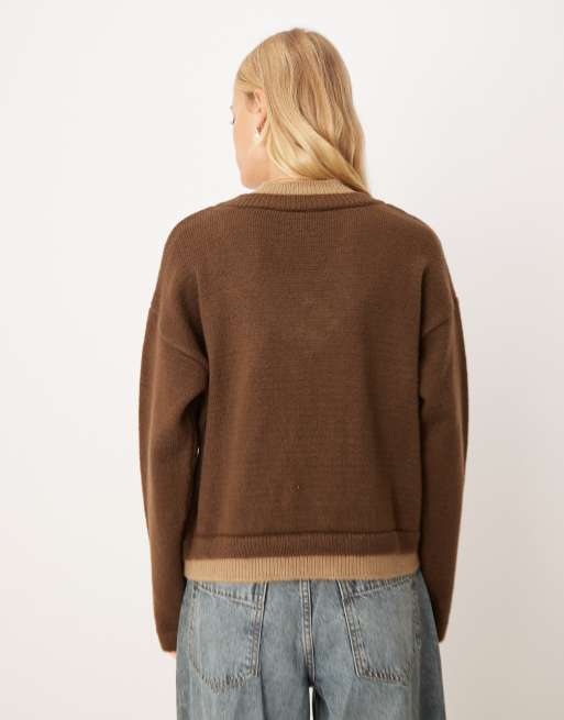 ASOS DESIGN knitted v neck jumper with double layer  in brown, 2 of 4