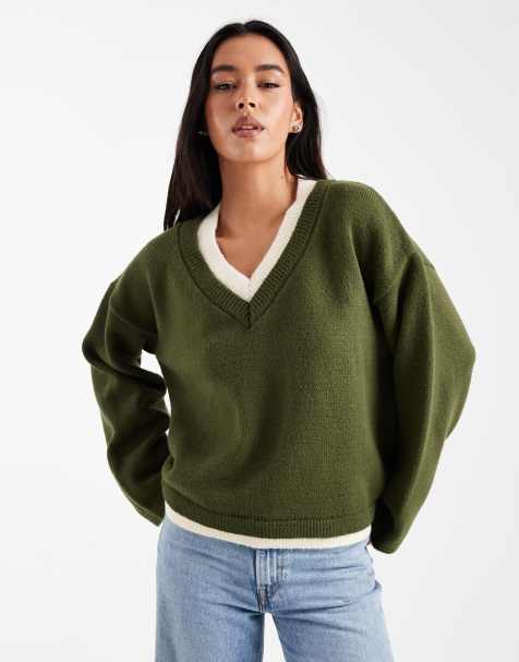 ASOS DESIGN knitted v neck jumper with double layer in green - view 1