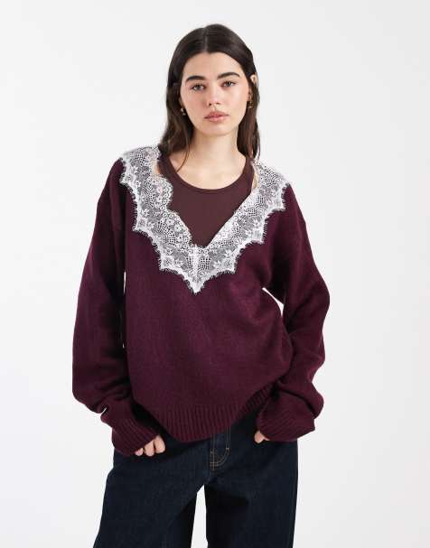 ASOS DESIGN knitted v-neck jumper with lace trim in plum - view 1