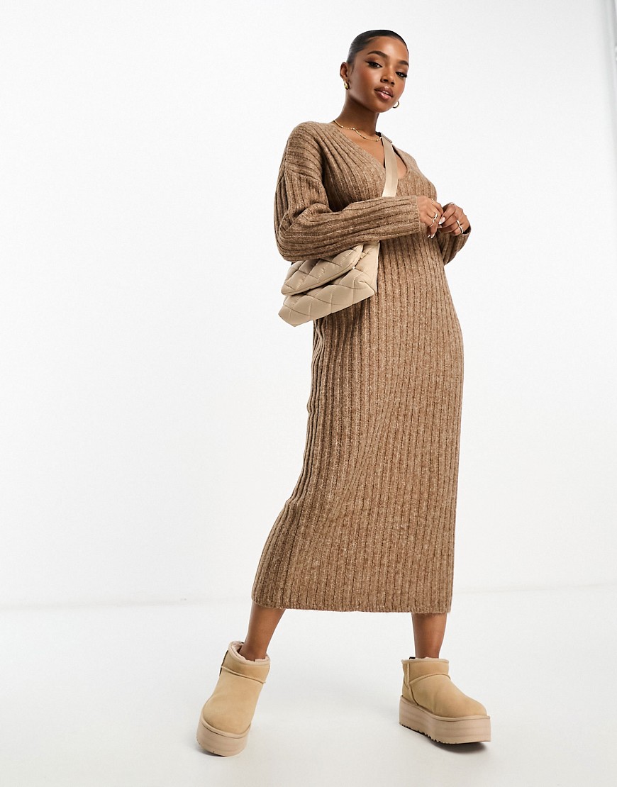 ASOS DESIGN knitted v neck maxi dress in rib in camel-Neutral