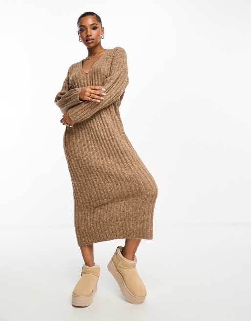 ASOS DESIGN knitted v neck maxi dress in rib in camel