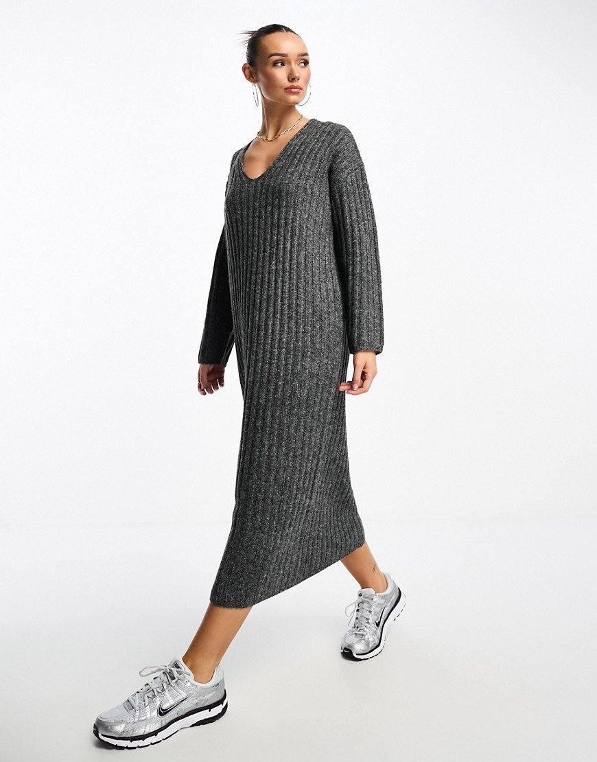 Asos Design Knitted V Neck Maxi Dress In Rib In Charcoal-gray