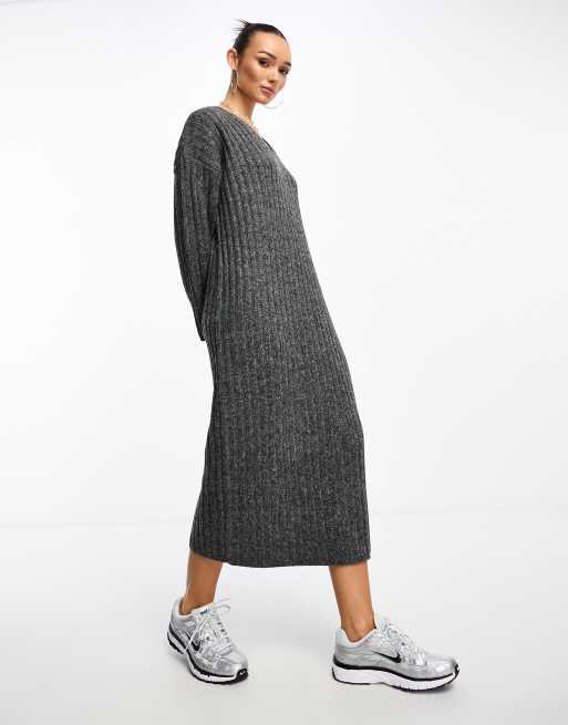 ASOS DESIGN knitted v neck maxi dress in rib in charcoal