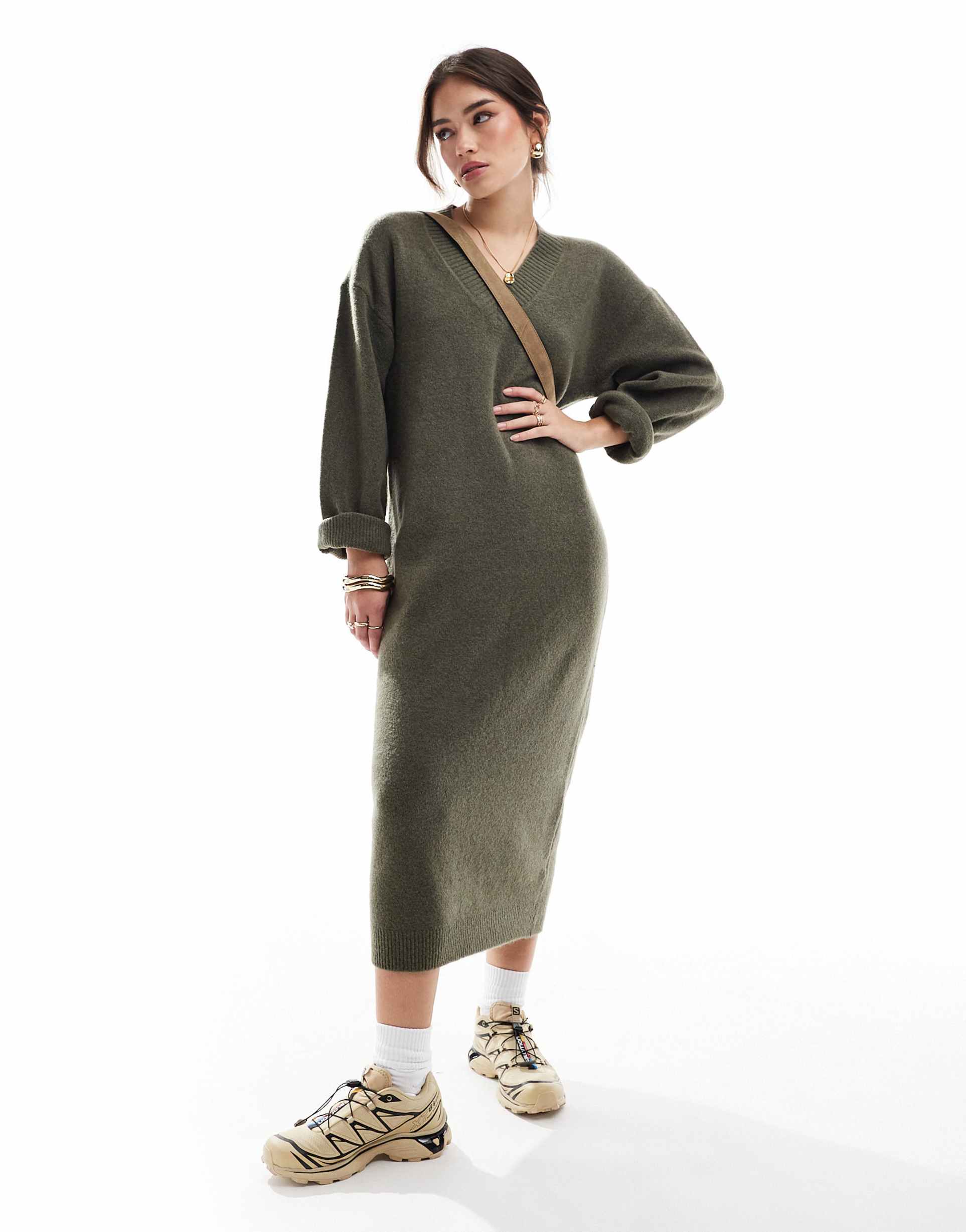 asos design knitted v neck midaxi dress in khaki