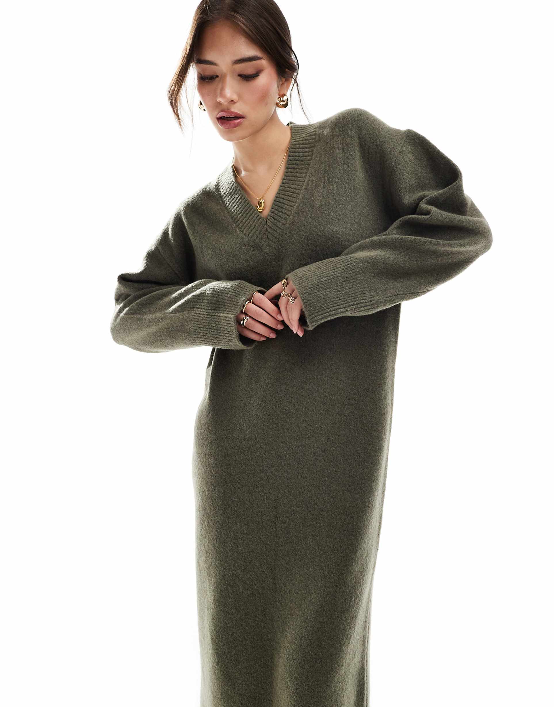asos design knitted v neck midaxi dress in khaki