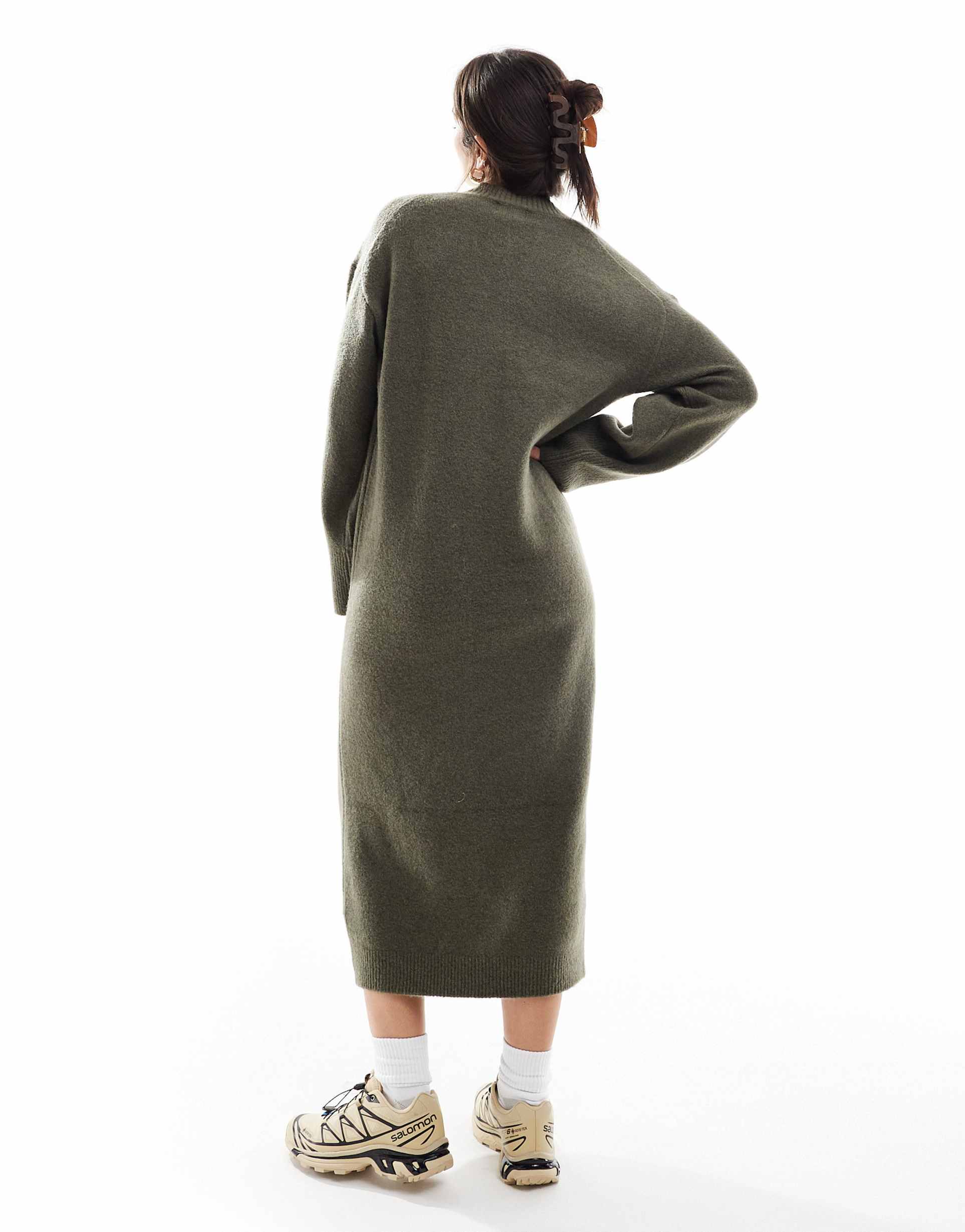 asos design knitted v neck midaxi dress in khaki