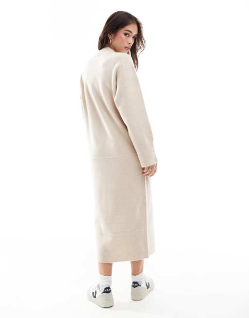 ASOS DESIGN knitted v neck midaxi dress in oatmeal, 3 of 4