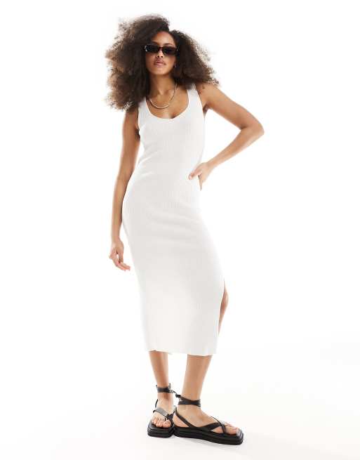 Stradivarius scoop neck seamless ribbed midi dress in ecru