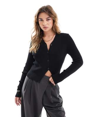 knitted v neck rib cardigan in black