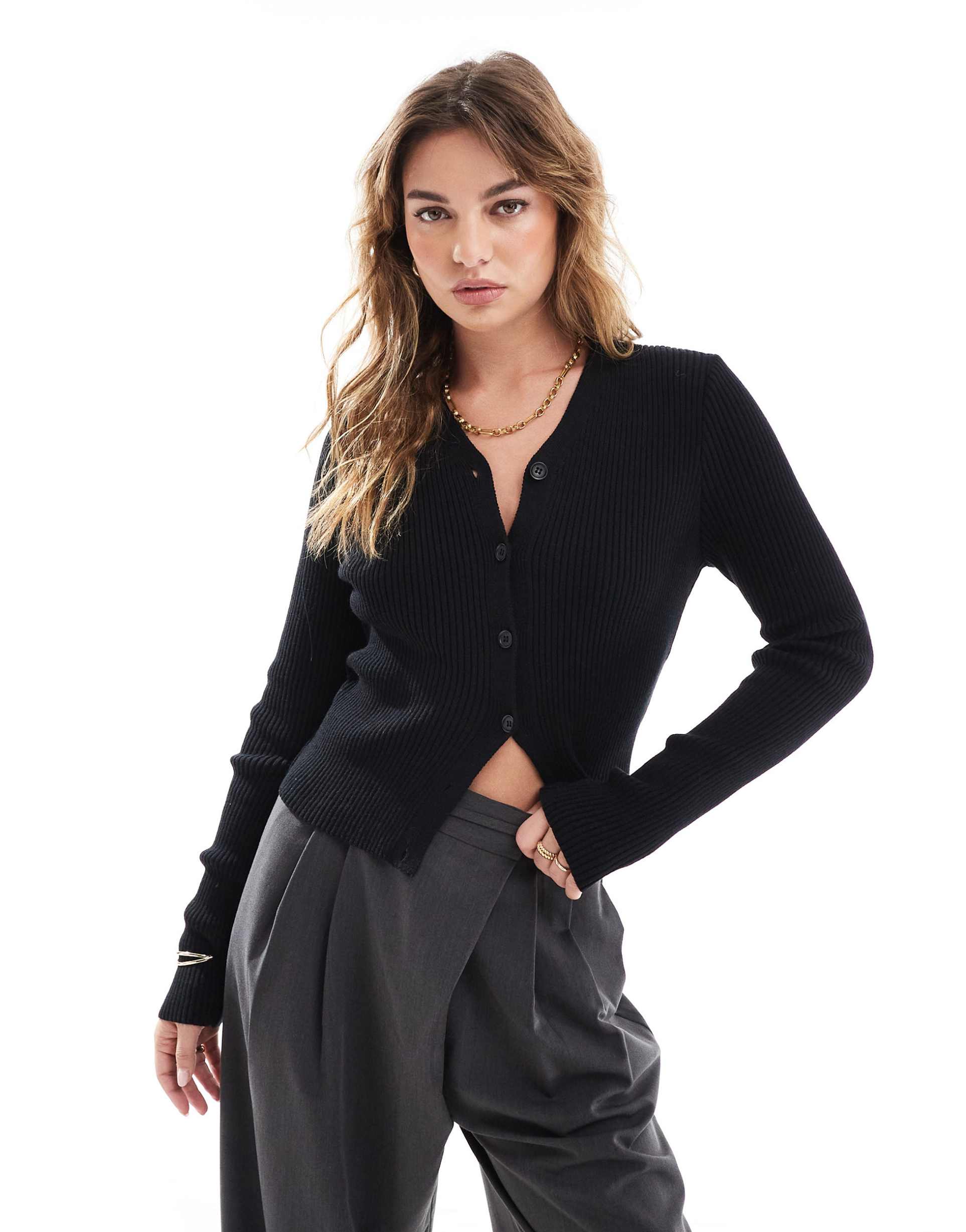 asos design knitted v neck rib cardigan in black