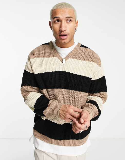 ASOS DESIGN knitted v-neck stripe jumper in beige
