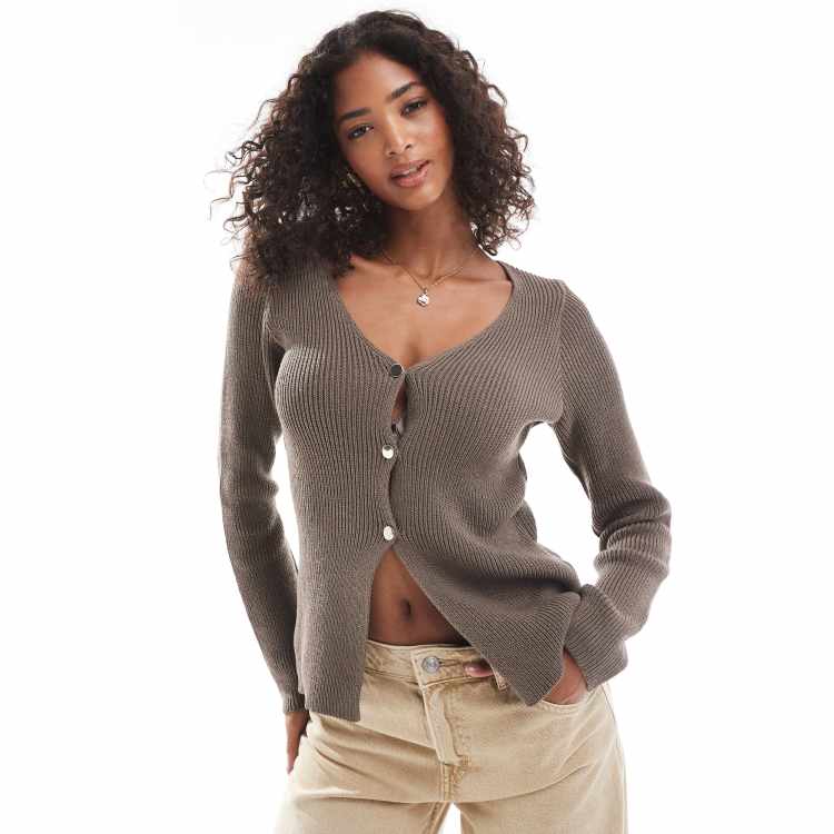 【YOURNUS】Mini V-neck Half Cardigan SHENHE Women's Ribbed Knit Button Down V Neck Lightweight