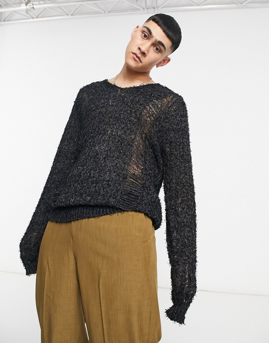 ASOS DESIGN knitted v-neck sweater in textured charcoal yarn-Grey
